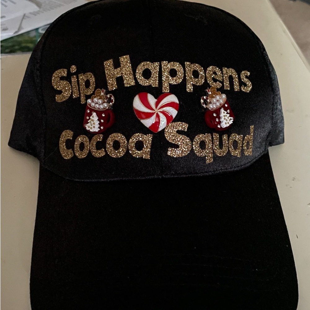 Sip Happens Cocoa Squad Holiday Hat - Black Silk Glitter Embellished